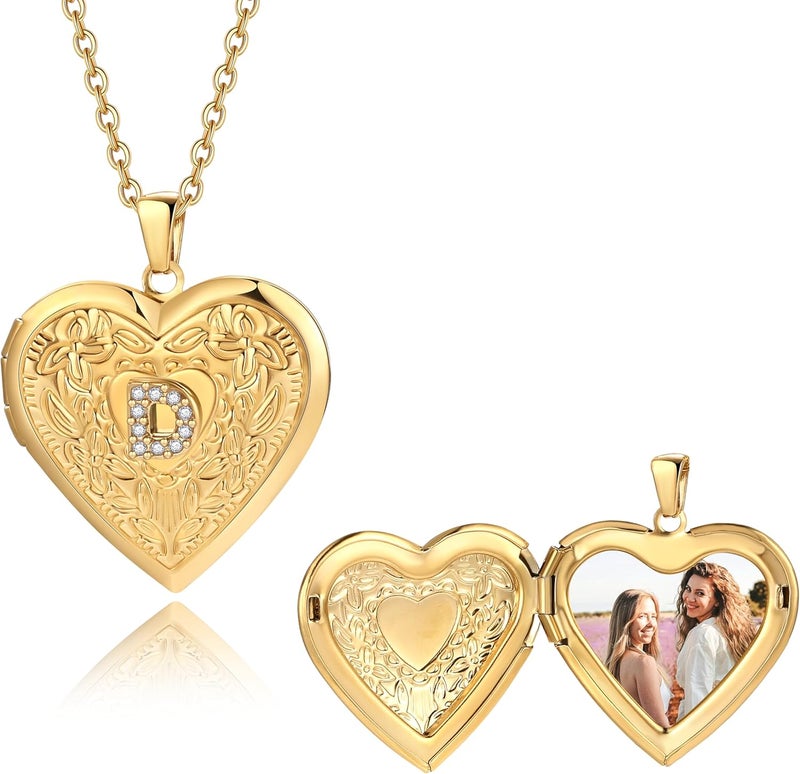 Badu Gold Initial A-Z Necklace for Women Heart Photo Lockets that Hold Picture Love Image Cubic Zirconia Necklace - Image 2